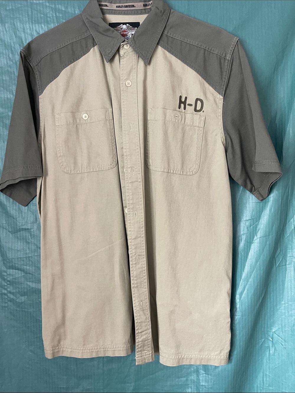 Harley-Davidson light olive and gray Short-Sleeve Button-Up Shirt